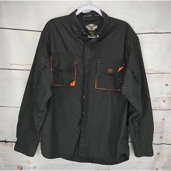 Harley Davidson Mens Large Black Orange Snap Front Utility Performance Shirt L - Picture 1 of 9